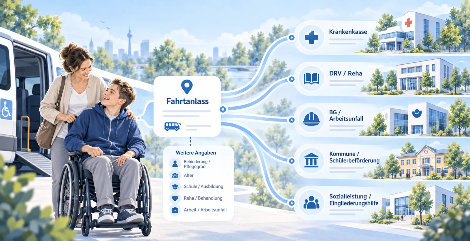 Schaubild: Aus einem Fahrtanlass können mehrere mögliche Kostenträger und Rechtswege wie Krankenkasse, Reha, Unfallversicherung, Kommune oder Eingliederungshilfe entstehen.