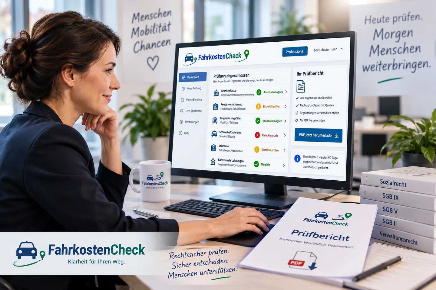 Professionelle Anwenderin bei der Arbeit mit FahrkostenCheck, Ampelbewertung und dokumentierbarem Pr&uuml;fbericht.